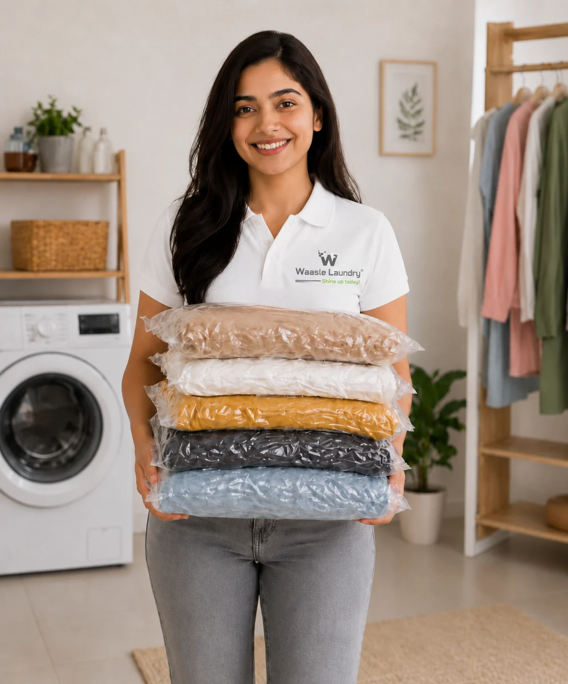 Professionally dry cleaned garments packed and ready for delivery by Waasle Laundry