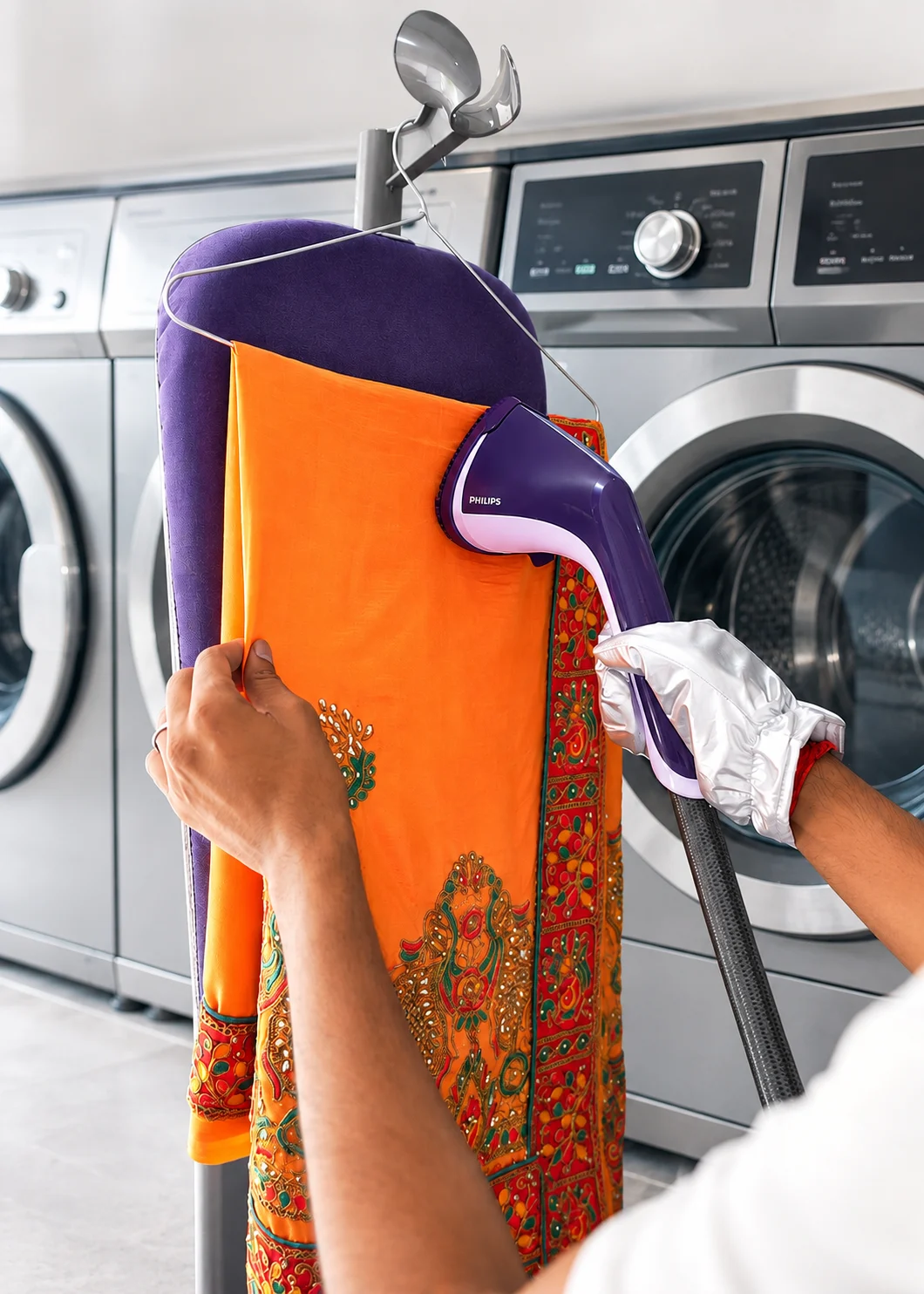 Steam ironing service for saree with professional wrinkle removal and fabric-safe finishing