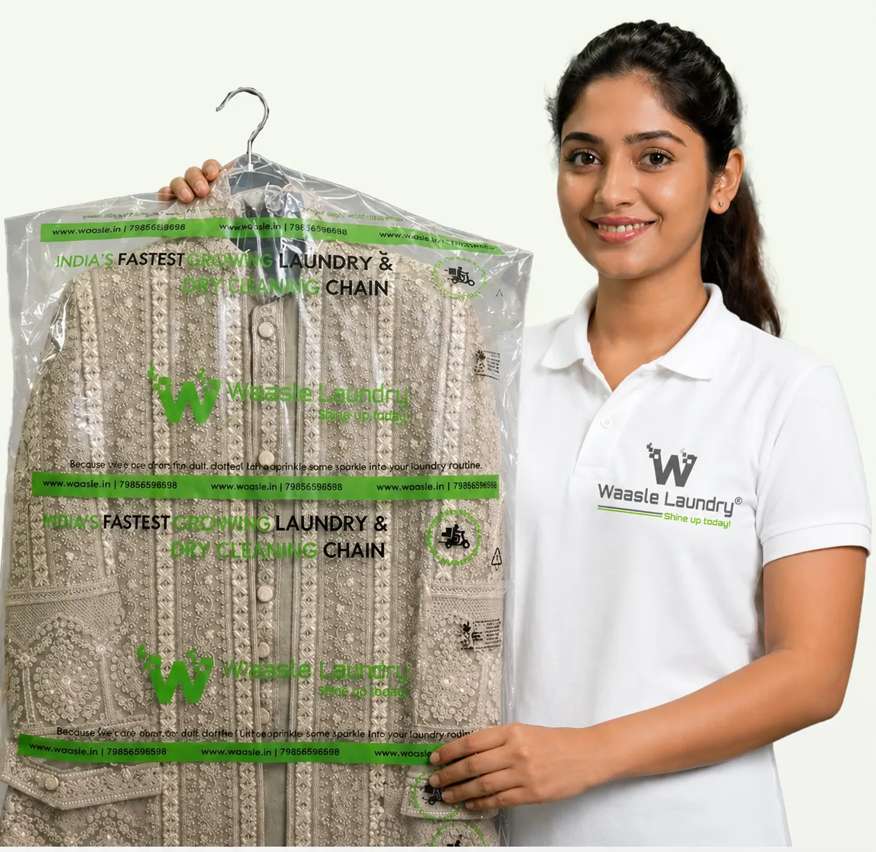 Waasle Laundry dry cleaning service with professionally cleaned garment in protective packaging