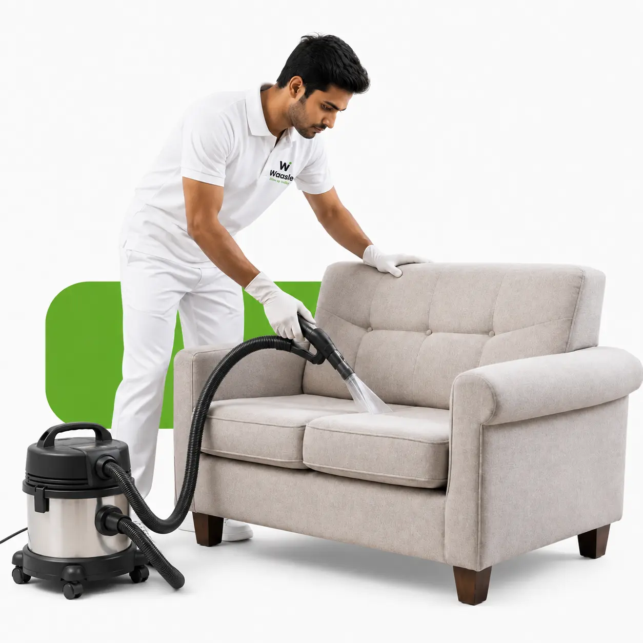 Waasle Laundry professional cleaning a fabric sofa with vacuum equipment.