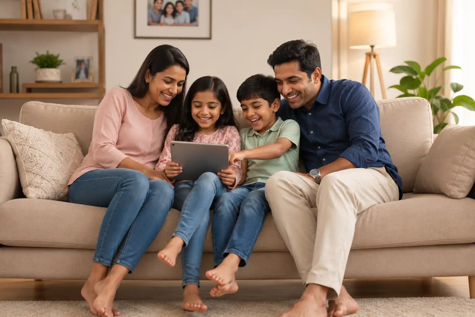 Family relaxing on a clean sofa after professional sofa cleaning service.