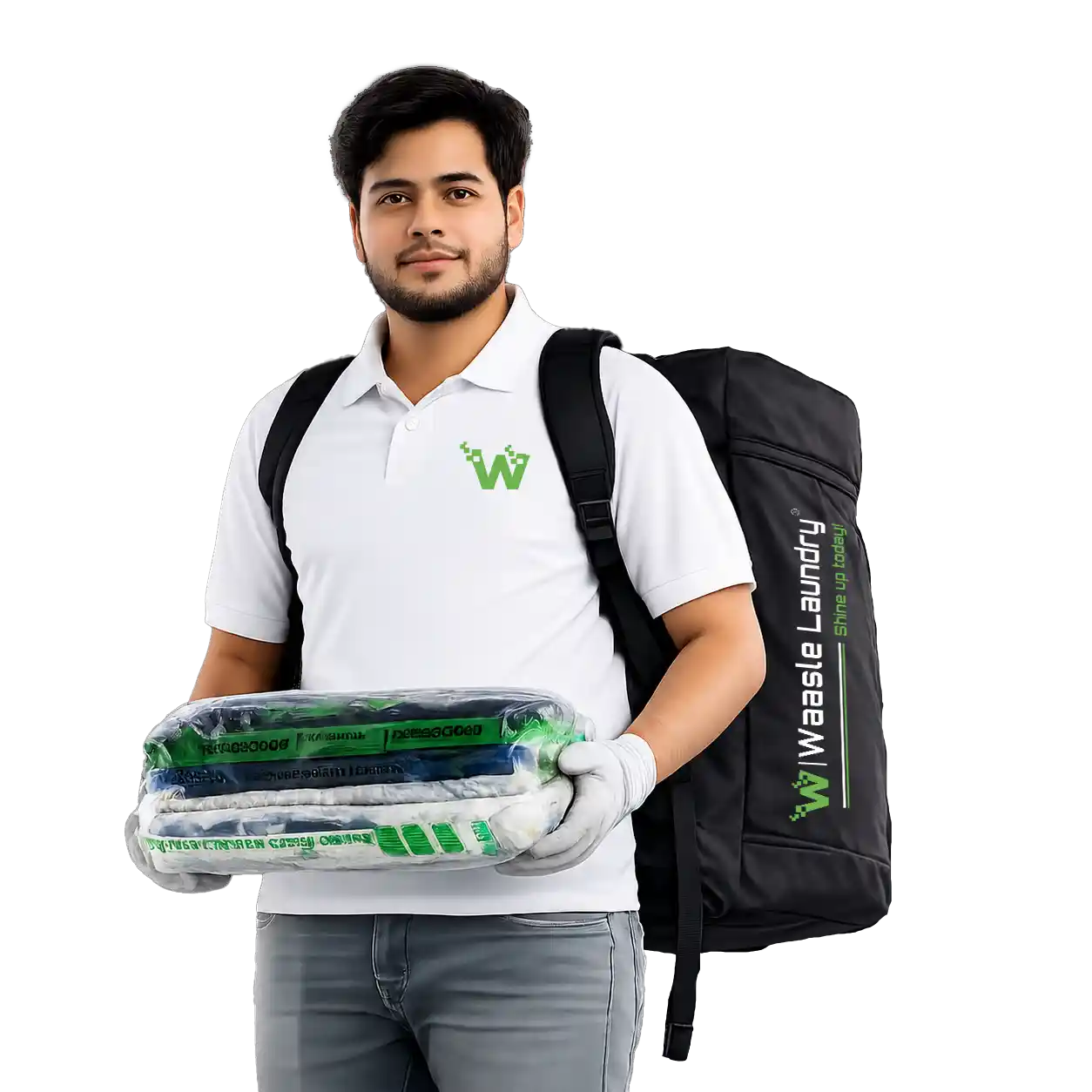 Waasle Laundry delivery partner holding packed clothes for laundry by kg service.