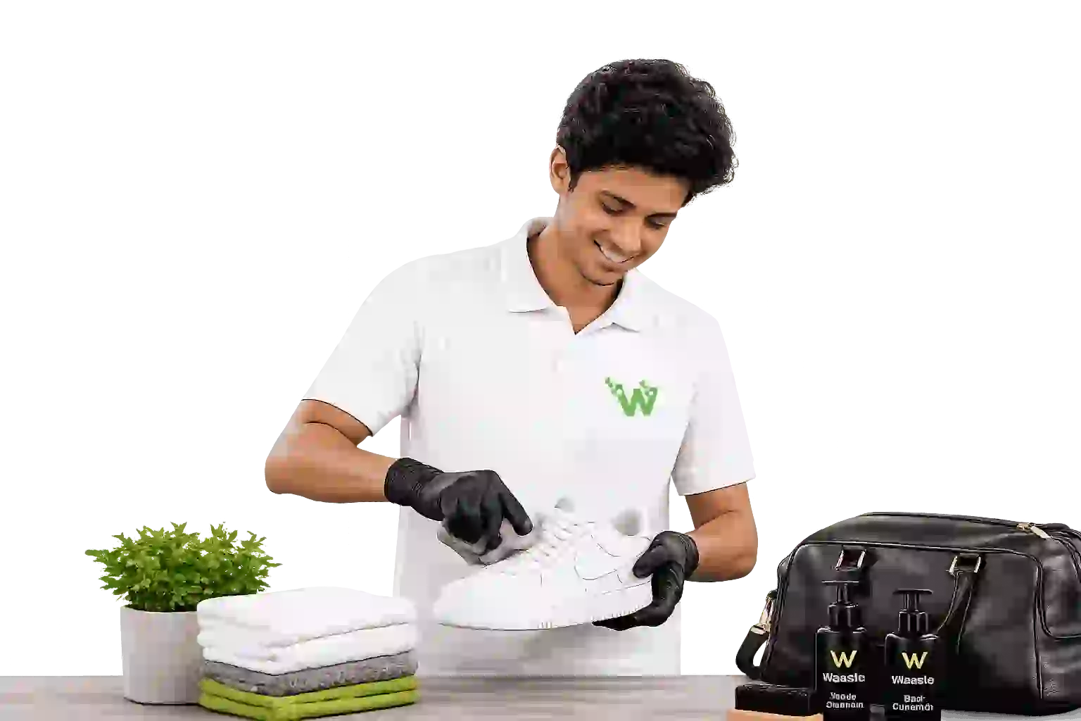 Waasle Laundry expert cleaning white sneakers with shoe and bag cleaning products.