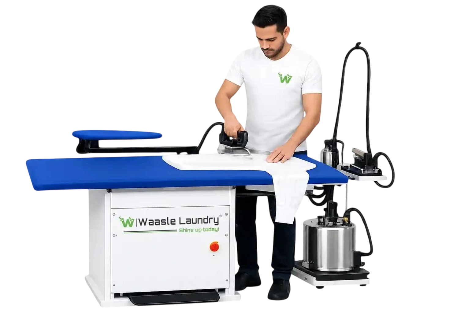 Waasle Laundry staff steam ironing a white shirt for crisp wrinkle-free finishing.